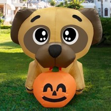 COMIN 5 FT Halloween Inflatables Dog Blow Up Pug Holding Pumpkin with LEDs