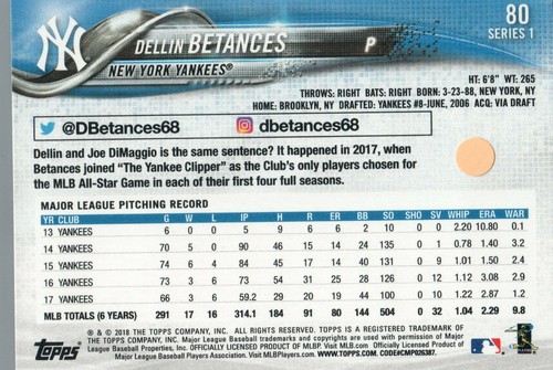 #80 Dellin Betances New York Yankees 2018 Topps Series 1 Baseball Card EAQ - Picture 2 of 2
