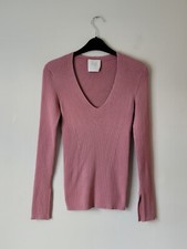 Maglione Marella monocromatico a costine scollo a V colore rosa scuro taglia media