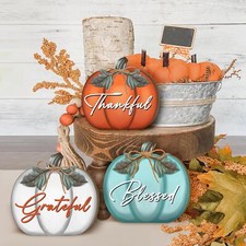 Fall Sign Table Decorations for Home 3 Pcs Wooden Fall Thanksgiving Pumpkin S...