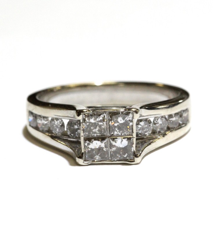 14k white gold 1.11ct princess invisible set diamond engagement ring 5.7g womens