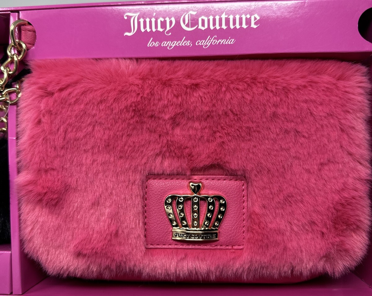 Juicy Couture Fuzzy Pink Crossbody Purse and Black Key Chain Crown