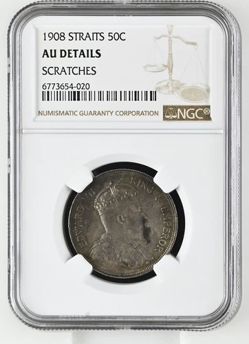 1908 Straits Settlements 50c NGC AU Details Scratches