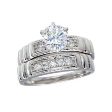 Sterling Silver CZ Stones Bordered Ring w/ 8 mm 2 ct Round Cut Center CZ Stone