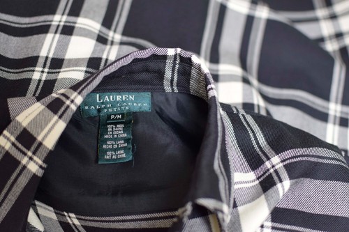 Giacca Camicia Overshirt LAUREN/RL PETITES Nero Avorio Quadri Lana Gaberdine~PM - Foto 6 di 6