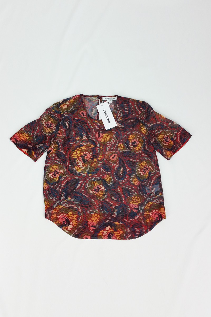 ELIZABETH JAMES Piper Red Floral Print T-Shirt Top (UK 8)