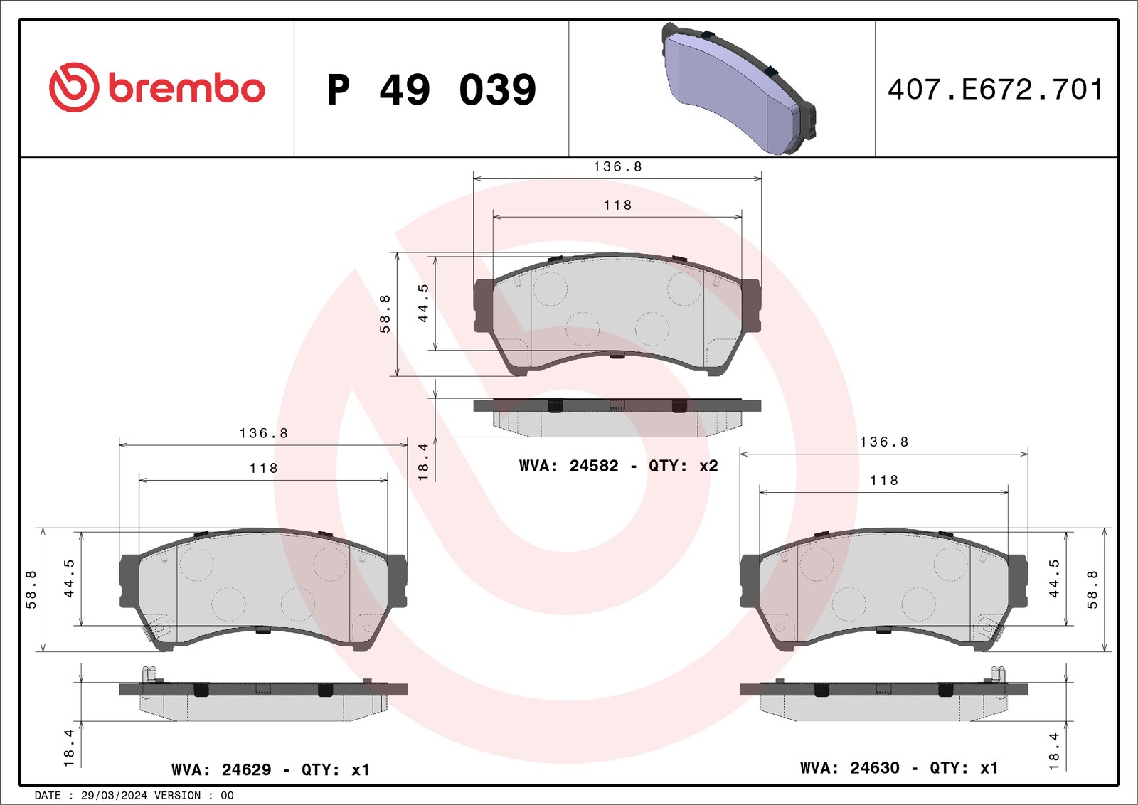 Fits BREMBO P 49 039 HAM PADS. MAZDA 6 07- FRONT