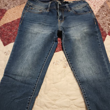 WallFlower Women's Juniors Skinny Capri's Blue Denim Stretch Button Zip