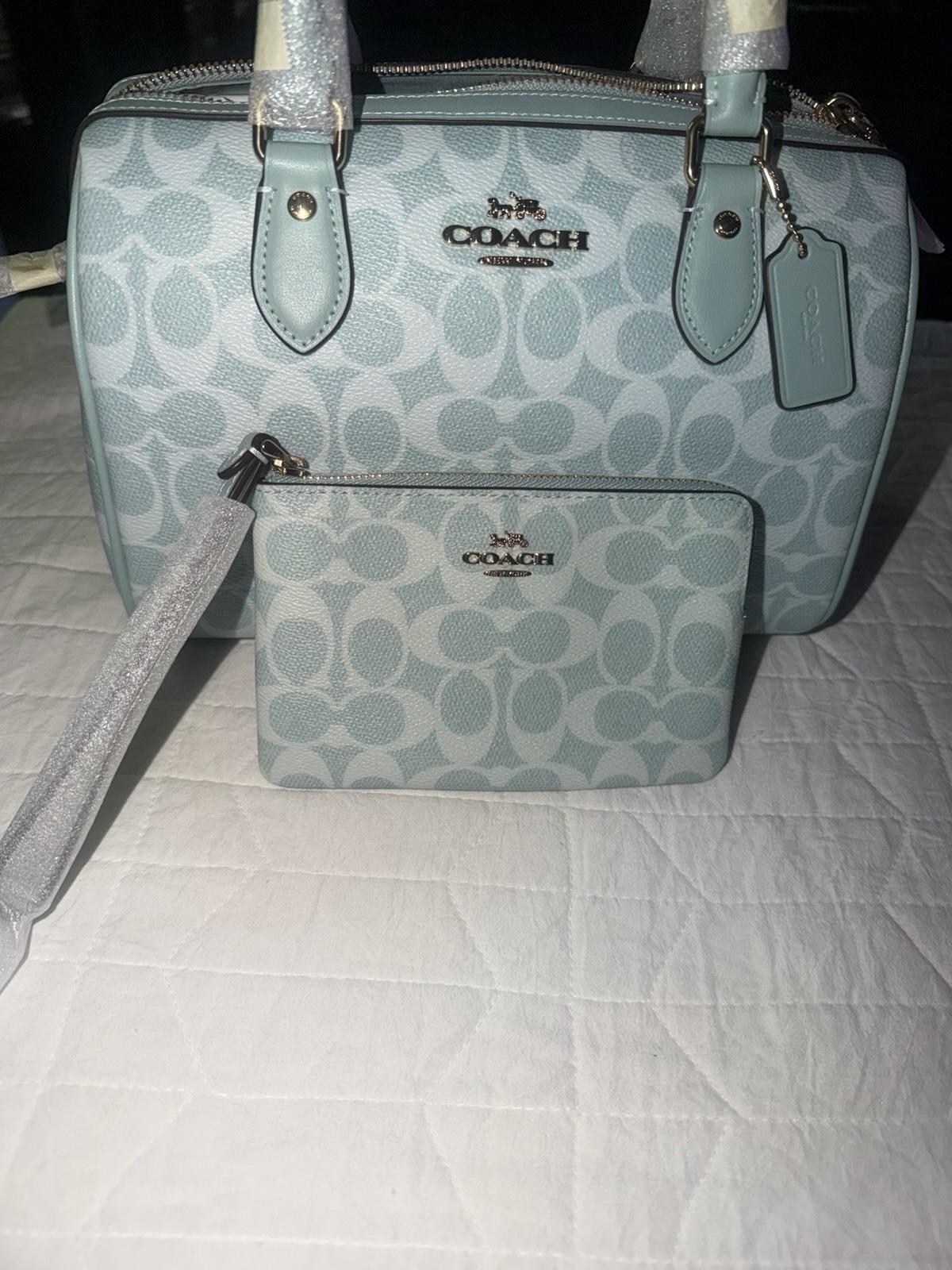 Coach Signature Logo Light Blue medium Satchel Top Handle, wristlet included 