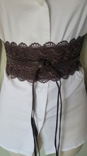 Women’s Wide Brown Floral Lace Tie Waist Belt Sash, Adjustable One Size Boho