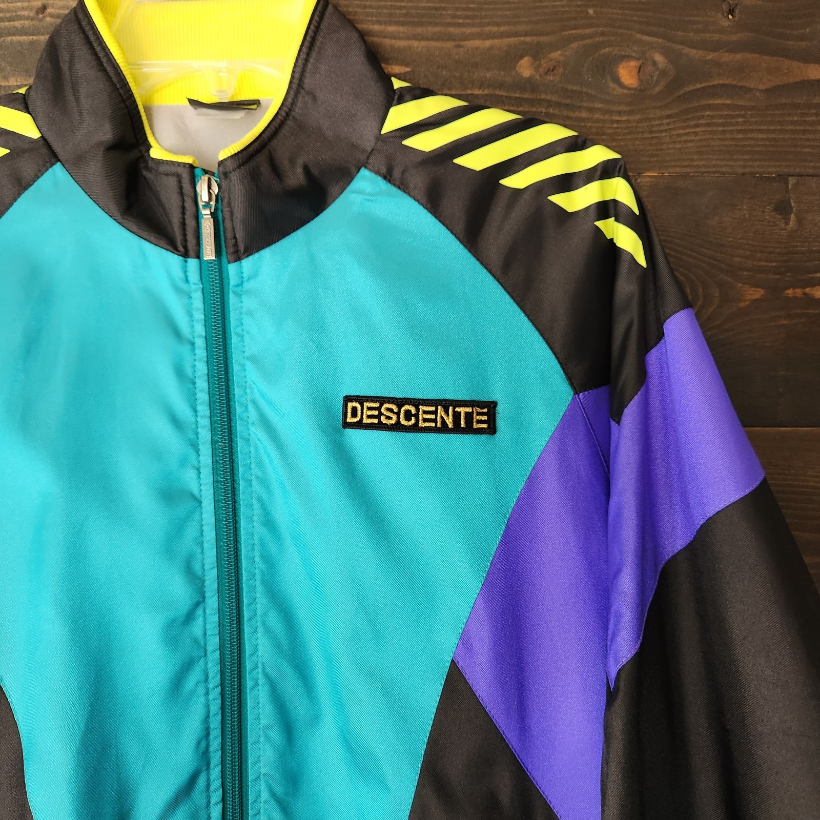 VTG Descente Jacket Mens Large Black Blue Teal Colorblock Windbreaker Made Japan
