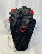 Vintage Hand Beaded Black Floral Fascinator With Birdcage Veil And Red Accents