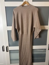 MNG Basics Knit Midi Dress Beige Taupe Cotton Long Sleeve Size S