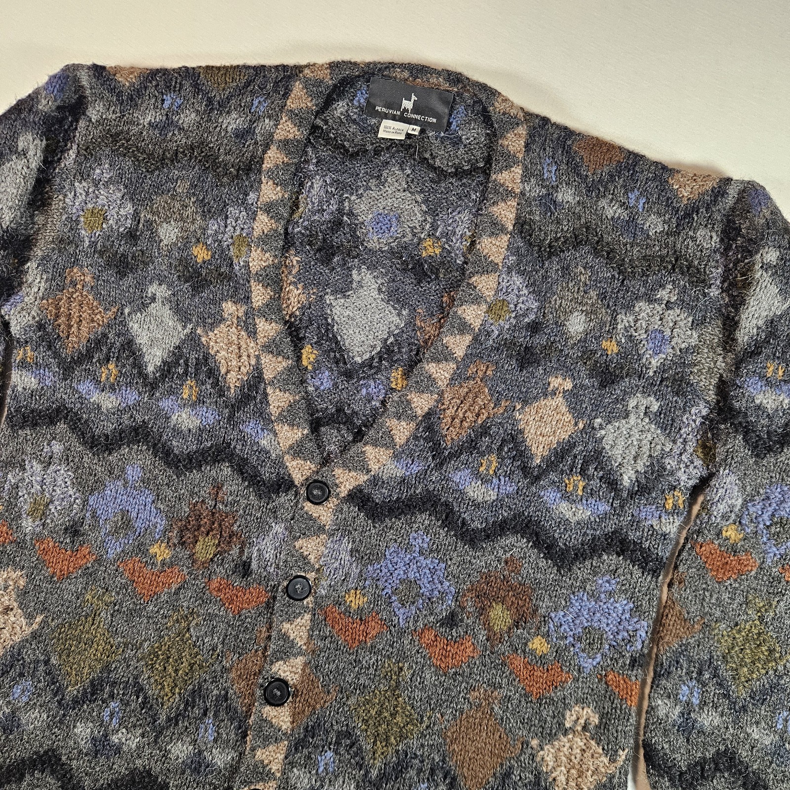Vintage Peruvian Connection Cardigan Sweater Unisex M 100percent Alpaca Rare Intrasia