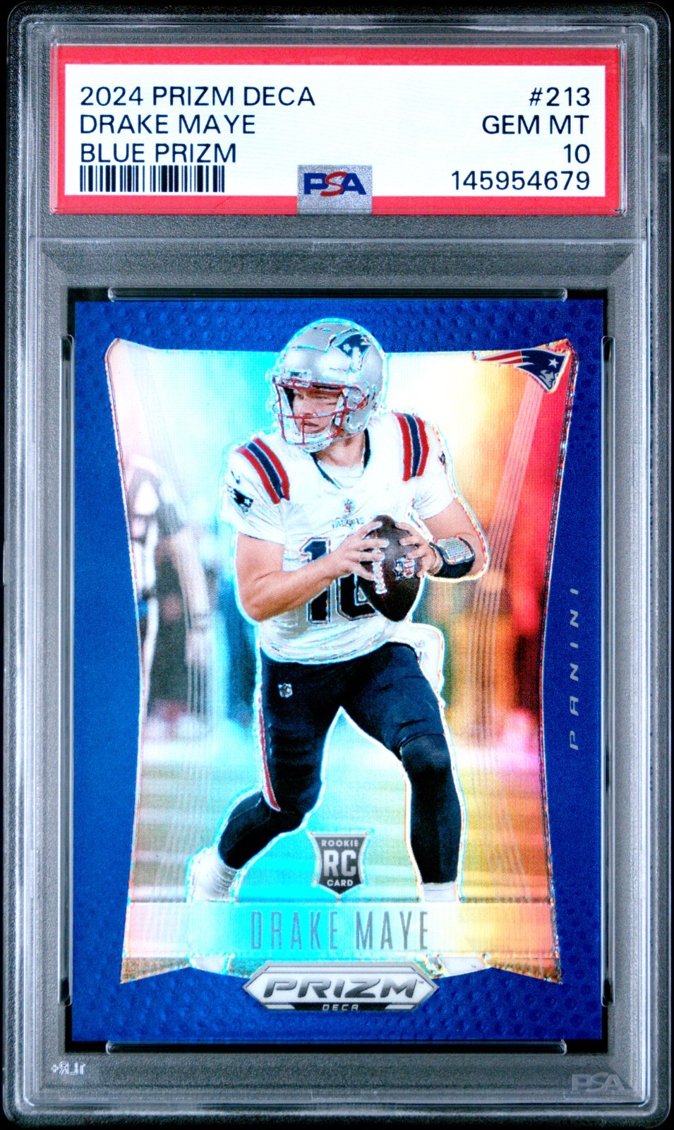 2024 Panini Prizm Deca Blue Prizm #213 Drake Maye - Rookie RC - /149 - PSA 10