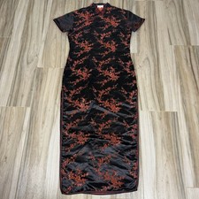 VTG Women Handmade Floral Silk Long Cheongsam Dress Black Red 42 M/L Qipao