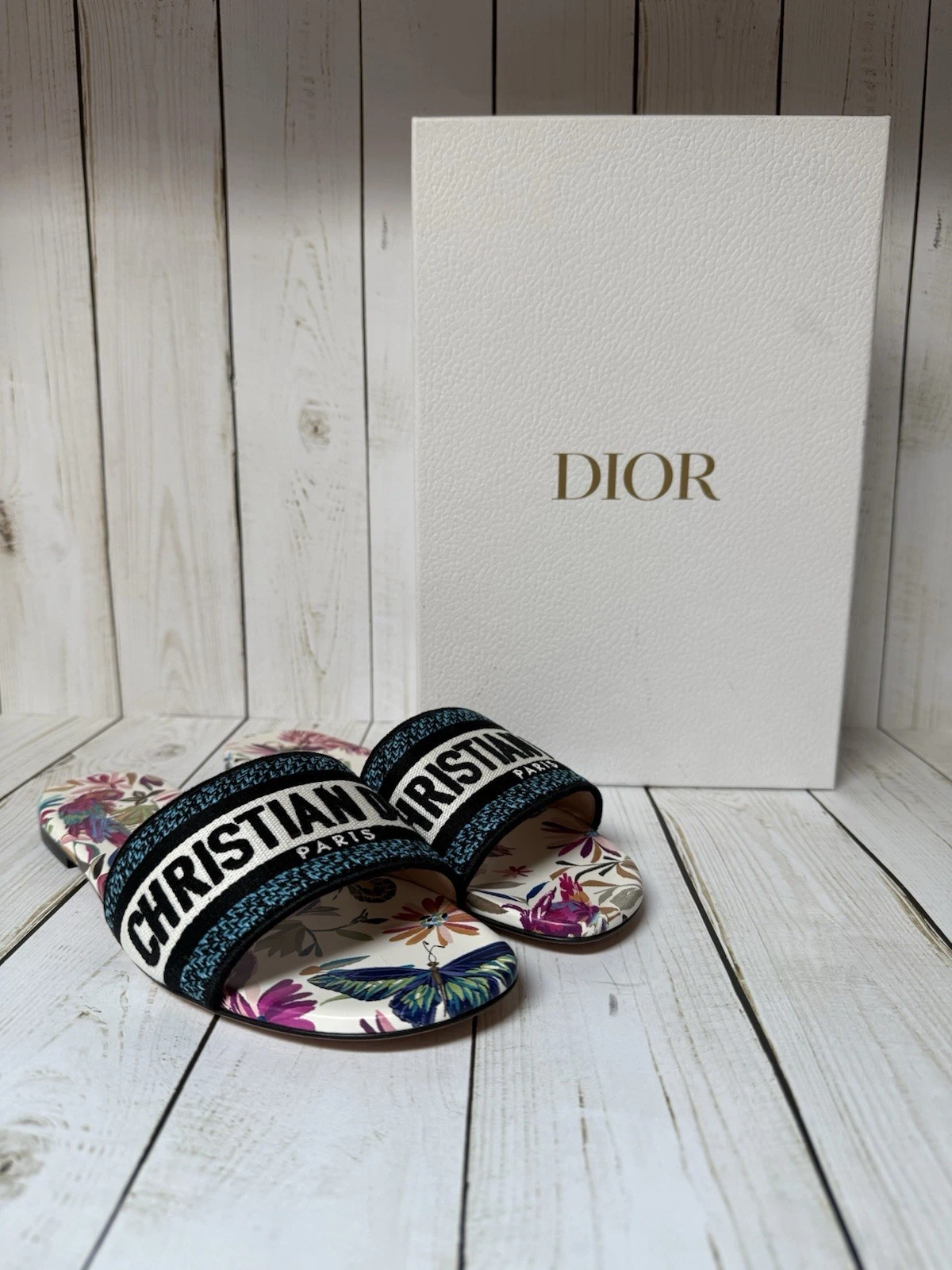Christian Dior Dway Toile de Jouy Fantastica Sandale Slide Blanche Multi Taille 39 / 9
