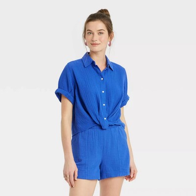 Universal Thread Women's Short Sleeve Twist-Front Button-Down Shirt Blue Large