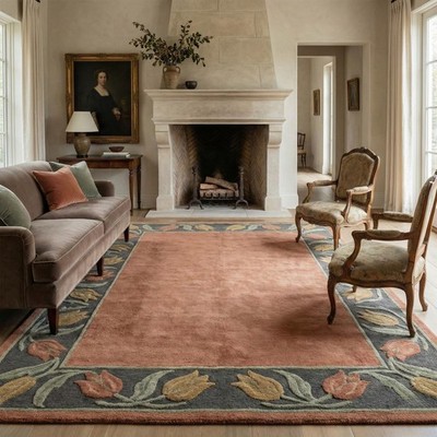 Large Floral Border Rug, Hand Tufted Rug, Handmade Wool Rug, Modern Wool Rug