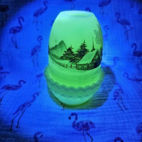 Uranium Custard Fairy Lamp Country Church Mountains Handpainted Fenton