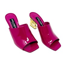 Dolce & Gabbana Fuchsia Pink Patent Mules Gold DG Heel Logo Sandals Size EU 37.5