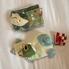 NWT Japan Cat Coin Purse Card Holder Set Bells Green Rayon/Silk Cute Neko Kawaii