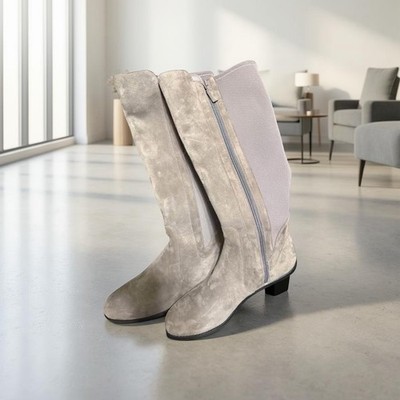 Stuart Weitzman Grey Suede Stretch Knee-High Boots, Made in Spain