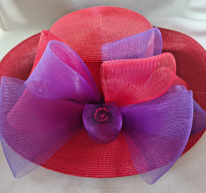 Red Hat Society Wool Wide Brim Dress Hat Purple Ribbon Tulle Bow Tea Party 59cm Lady main image 2