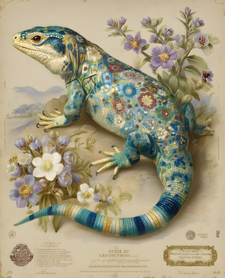 8x10 Turquoise Lizard Floral Art Print - 920241610