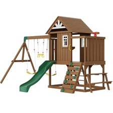 Family Size Wooden Swing Set 9-in-1 w 6ft Slide and Elevated Upper Fort