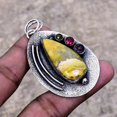 Bumble Bee Jasper, Rubillite Gemstone 925 Sterling Silver Pendant 2.08''