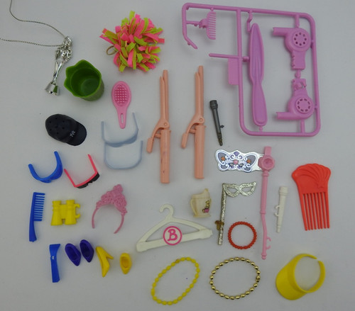 Vintage Barbie Accessories Lot Hangers Shoes Jewelry Hair Salon Toy Mixed Matte