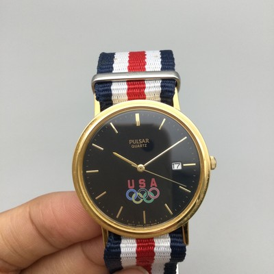 #ad Vtg Pulsar USA Olympics Watch Mens 34mm Date V722 8A30 New Battery $44.99