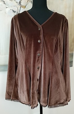 LOGO Lavish Knit Velvet Button Up Blouse Women Medium Chicory Coffee NWOT