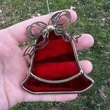 Stained Glass Christmas Bell Ornament With Metal Bow Red