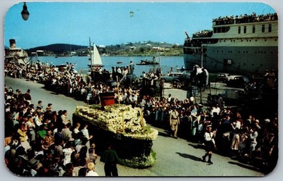 Postcard Hamilton Bermuda Easter Parade Float Harbor Boats 1950s Chrome