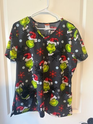 Dr. Seuss Grinch Women's Print V Neck Scrub Top, Black Size L