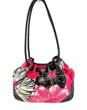 Brighton Pink Black Cream Floral Canvas Medium Bucket Bag Woven Leather Accents