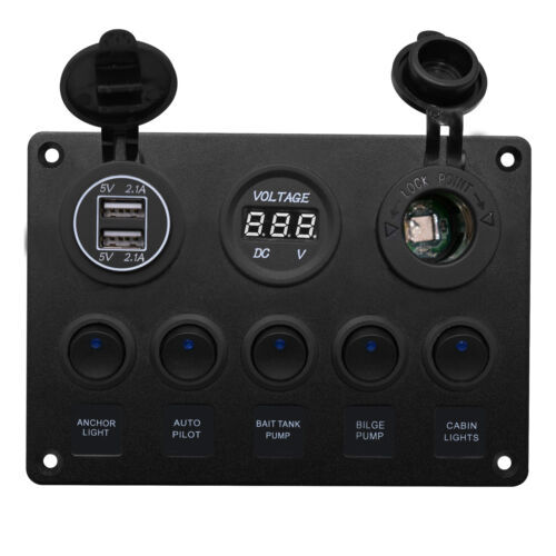 5 Gang 12v Toggle Rocker Switch Panel Dual Usb For Car Boat Marine, Blue Led - Afbeelding 11 van 13
