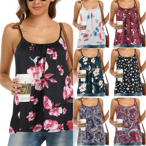 Women Plus Size Tank Tops Loose Casual Summer Top Pleated Flowy Adjustable Strap - Picture 1 of 55