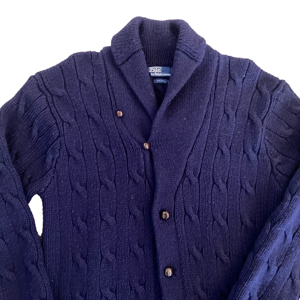 Cárdigan Suéter De Colección Años 80 POLO RALPH LAUREN Lana L Azul Tejido con Cable Mantón Cuello Foto 4 de 4