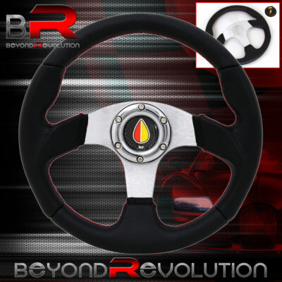 Black Silver Center Red Stitches 6 Bolt Hole Steering Wheel Old Jdm Leaf Horn