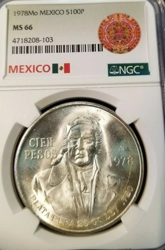 1978 MEXICO SILVER 100 PESOS S100P NGC MS 66 VERY HIGH GRADE GEM BU SUPER FROSTY