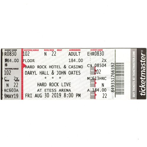 HALL & OATES Concert Ticket Stub ATLANTIC CITY NJ 8/30/19 HARD ROCK LIVE Rare - 第 1/2 張圖片