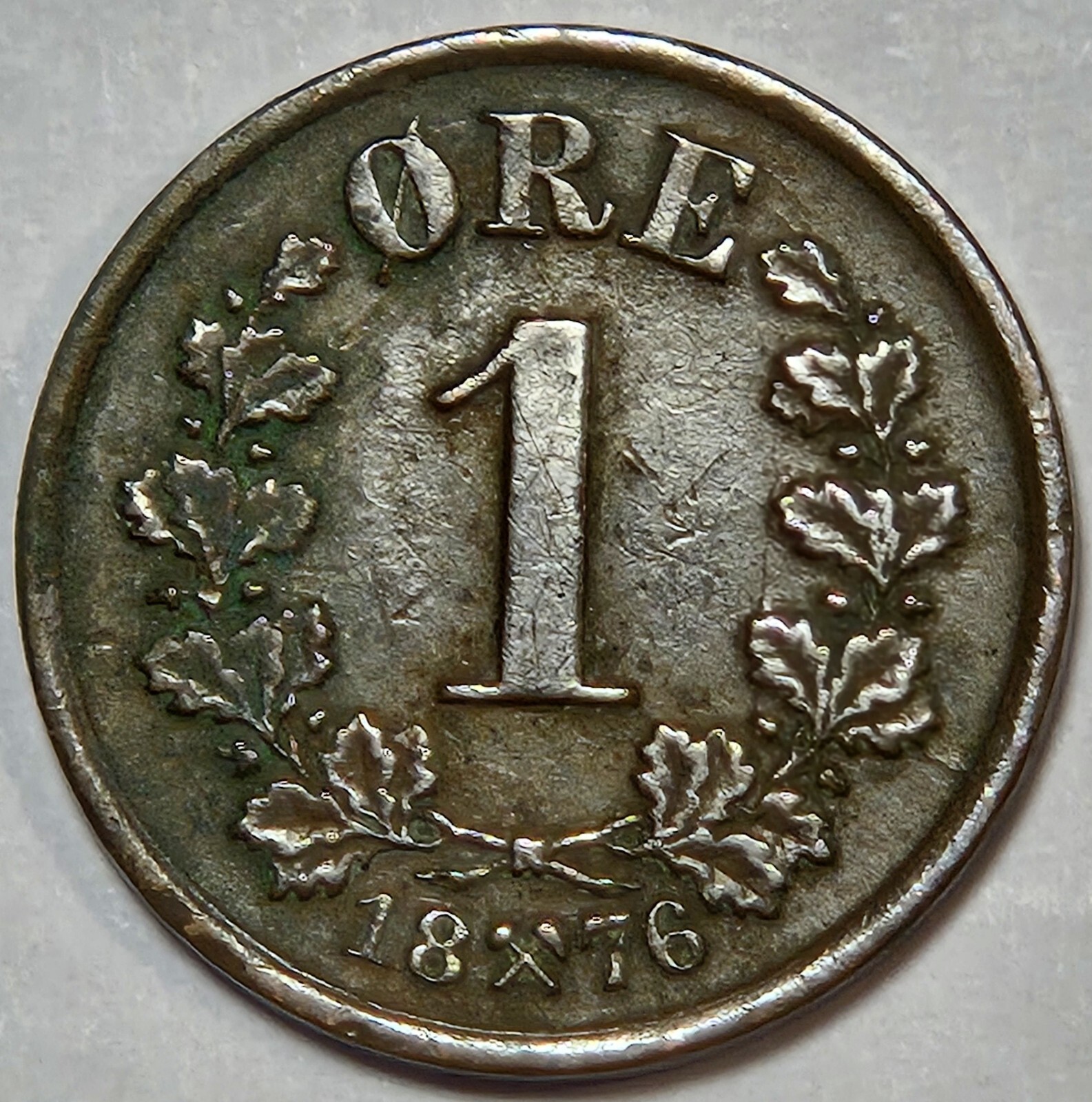 1876 NORWAY 1 ORE KM-352 OLD 'CRUSTY' BRONZE NORTHERN EUROPEAN COIN
