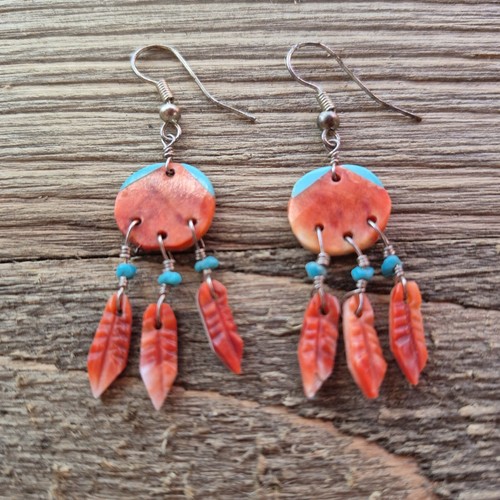 Native American Red Spiney Oyster & Turquoise Dreamcatcher Earrings - Picture 6 of 11