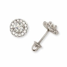 Solid 14K White Gold Halo Cubic Zirconia Birthstone Stud Screw Back Earrings