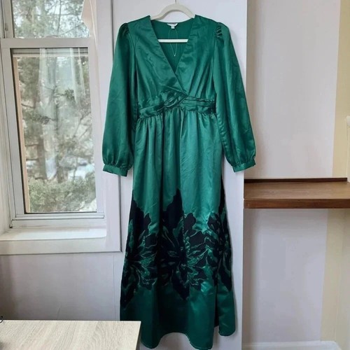 New Anthropologie Nikasha Embroidered Satin Dress Long Sleeve Green Size XS - Picture 5 of 16
