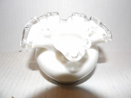 Vintage Fenton Silver Crest Milk Glass Bowl Vase w Ribbon Edge 4" tall