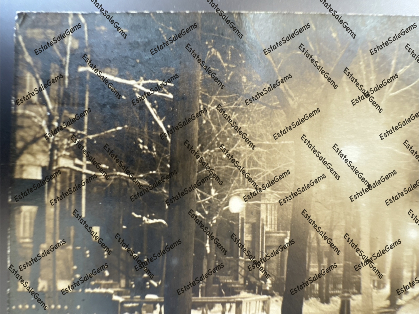 Antique RPPC 1917 nighttime snowy street scene Real Photo Postcard 